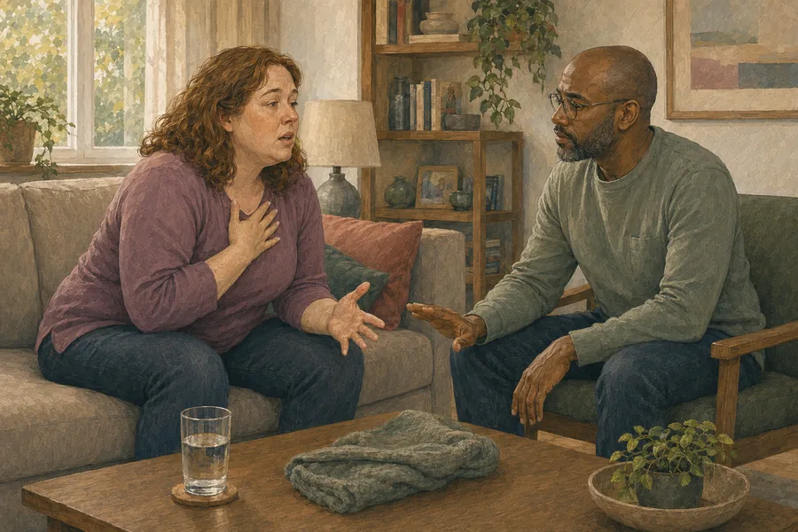 A visibly overwhelmed woman with a hand on her chest, gesturing while speaking, as her friend leans in with a calming hand extended
